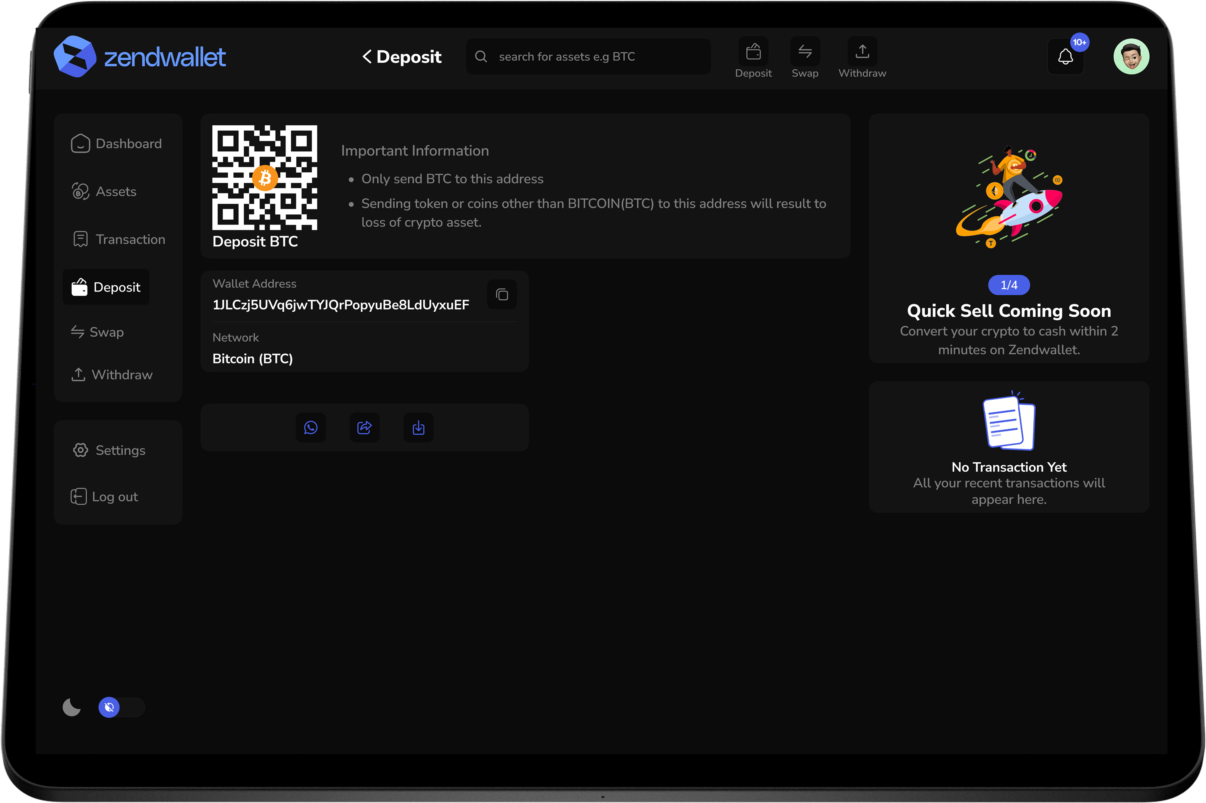 Deposit BTC Bitcoin Instantly with ZendWallet