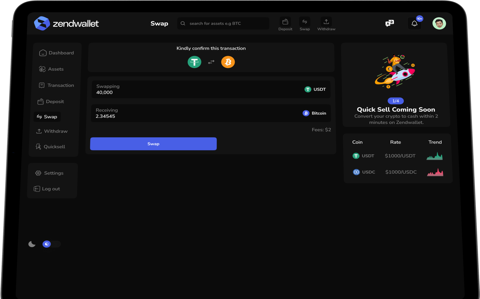 Swap Crypto on ZendWallet – Best Exchange for Bitcoin